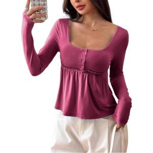 imageSOLY HUX Womens Babydoll Tops Long Sleeve Henley Shirts Cute Square Neck Coquette Peplum TopDusty Pink