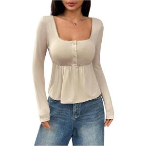 imageSOLY HUX Womens Babydoll Tops Long Sleeve Henley Shirts Cute Square Neck Coquette Peplum TopSolid Apricot