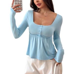 imageSOLY HUX Womens Babydoll Tops Long Sleeve Henley Shirts Cute Square Neck Coquette Peplum TopSolid Blue