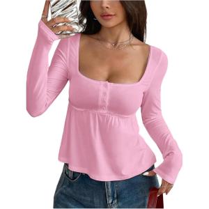 imageSOLY HUX Womens Babydoll Tops Long Sleeve Henley Shirts Cute Square Neck Coquette Peplum TopSolid Pink