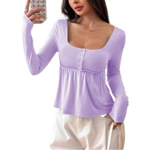 imageSOLY HUX Womens Babydoll Tops Long Sleeve Henley Shirts Cute Square Neck Coquette Peplum TopSolid Purple