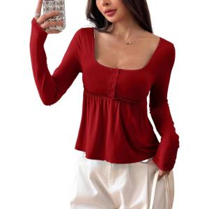 imageSOLY HUX Womens Babydoll Tops Long Sleeve Henley Shirts Cute Square Neck Coquette Peplum TopSolid Red
