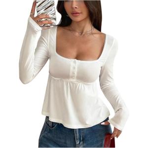 imageSOLY HUX Womens Babydoll Tops Long Sleeve Henley Shirts Cute Square Neck Coquette Peplum TopSolid White