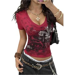 imageSOLY HUX Womens Graphic Tees Y2K Vintage Gothic Tops 2000s Streetwear Shirt Emo Scene Alternative Clothes for WomenBurgundy Graphic
