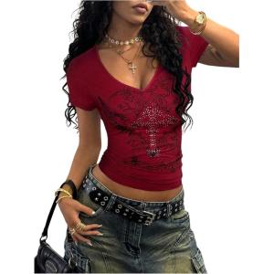 imageSOLY HUX Womens Graphic Tees Y2K Vintage Gothic Tops 2000s Streetwear Shirt Emo Scene Alternative Clothes for WomenBurgundy Graphic Print