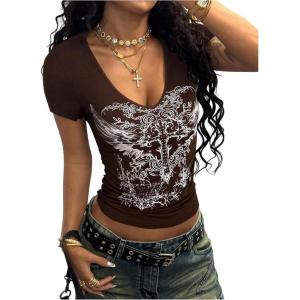imageSOLY HUX Womens Graphic Tees Y2K Vintage Gothic Tops 2000s Streetwear Shirt Emo Scene Alternative Clothes for WomenCoffee Brown Graphic
