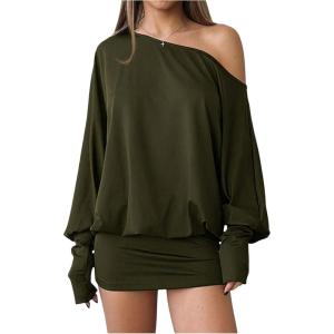 imageSOLY HUX Womens Long Sleeve Off The Shoulder Dress Y2k Mini Dress Streetwear Music Festival OutfitsArmy Green