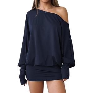 imageSOLY HUX Womens Long Sleeve Off The Shoulder Dress Y2k Mini Dress Streetwear Music Festival OutfitsDark Blue