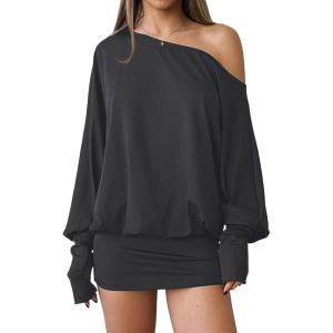 imageSOLY HUX Womens Long Sleeve Off The Shoulder Dress Y2k Mini Dress Streetwear Music Festival OutfitsDark Grey