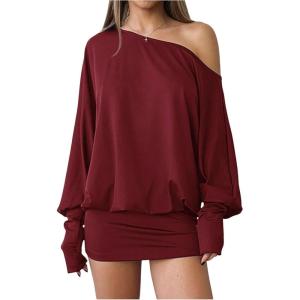 imageSOLY HUX Womens Long Sleeve Off The Shoulder Dress Y2k Mini Dress Streetwear Music Festival OutfitsPlain Burgundy
