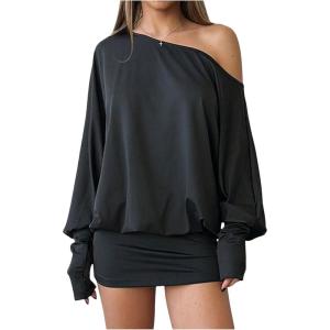 imageSOLY HUX Womens Long Sleeve Off The Shoulder Dress Y2k Mini Dress Streetwear Music Festival OutfitsSolid Black