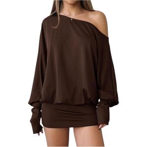imageSOLY HUX Womens Long Sleeve Off The Shoulder Dress Y2k Mini Dress Streetwear Music Festival OutfitsSolid Brown