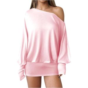 imageSOLY HUX Womens Long Sleeve Off The Shoulder Dress Y2k Mini Dress Streetwear Music Festival OutfitsSolid Pink