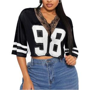 imageSOLY HUX Womens Number Graphic Tees Lace V Neck Half Sleeve Crop Tops Jersey Shirt Y2k StreetwearBlack Number