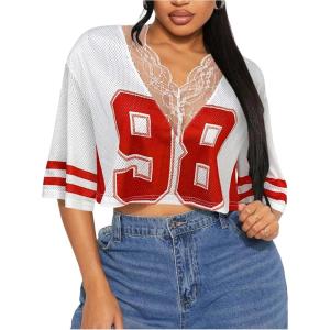imageSOLY HUX Womens Number Graphic Tees Lace V Neck Half Sleeve Crop Tops Jersey Shirt Y2k StreetwearRed and White Number