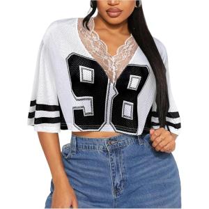 imageSOLY HUX Womens Number Graphic Tees Lace V Neck Half Sleeve Crop Tops Jersey Shirt Y2k StreetwearWhite Number
