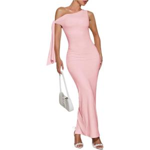 imageSOLY HUX Womens Off The Shoudler Bodycon Maxi Dress Asymmetrical Neck Bow Tie Cocktail Party Long DressesCoral Pink