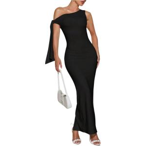 imageSOLY HUX Womens Off The Shoudler Bodycon Maxi Dress Asymmetrical Neck Bow Tie Cocktail Party Long DressesSolid Black