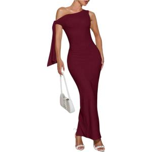imageSOLY HUX Womens Off The Shoudler Bodycon Maxi Dress Asymmetrical Neck Bow Tie Cocktail Party Long DressesSolid Burgundy