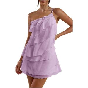 imageSOLY HUX Womens One Shoulder Ruffle Mesh Mini Dress Layered Backless Vacation Party SundressesMauve Purple