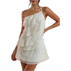 imageSOLY HUX Womens One Shoulder Ruffle Mesh Mini Dress Layered Backless Vacation Party SundressesPlain Beige