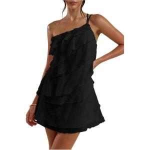 imageSOLY HUX Womens One Shoulder Ruffle Mesh Mini Dress Layered Backless Vacation Party SundressesPlain Black