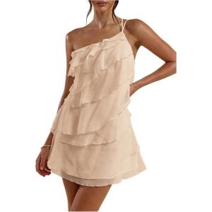 imageSOLY HUX Womens One Shoulder Ruffle Mesh Mini Dress Layered Backless Vacation Party SundressesPlain Khaki