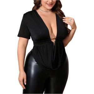 imageSOLY HUX Womens Plus Size Cowl Neck T Shirt Metal Decor Short Sleeve Going Out TopsSolid Black