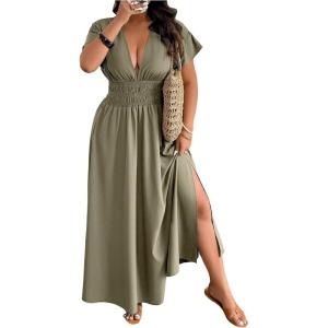 imageSOLY HUX Womens Plus Size Deep V Neck Maxi Dress Short Sleeve Split Hem Flowy Summer DressesPlain Mint Green