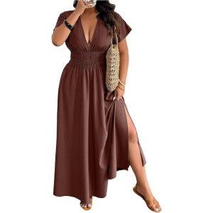 imageSOLY HUX Womens Plus Size Deep V Neck Maxi Dress Short Sleeve Split Hem Flowy Summer DressesPlain Rust Brown