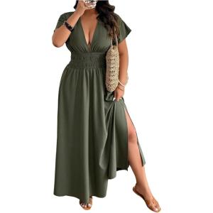 imageSOLY HUX Womens Plus Size Deep V Neck Maxi Dress Short Sleeve Split Hem Flowy Summer DressesSolid Green