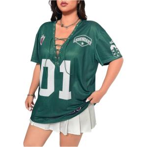 imageSOLY HUX Womens Plus Size Jersey Lace Up V Neck Short Sleeve T Shirts Number Graphic Tee Tops StreetwearDark Green