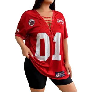 imageSOLY HUX Womens Plus Size Jersey Lace Up V Neck Short Sleeve T Shirts Number Graphic Tee Tops StreetwearRed Graphic