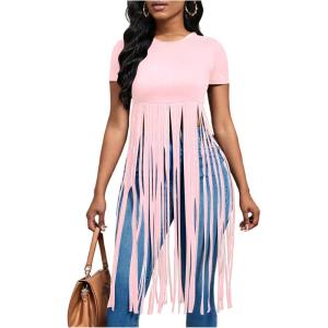 imageSOLY HUX Womens Short Sleeve Fringe Tops Crew Neck Slim Fit Tee Going Out Summer T ShirtPlain Pink