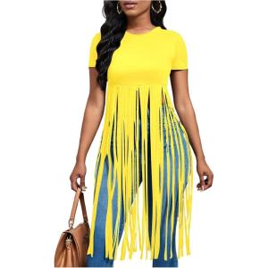 imageSOLY HUX Womens Short Sleeve Fringe Tops Crew Neck Slim Fit Tee Going Out Summer T ShirtPlain Yellow