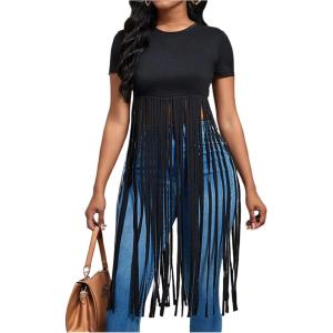 imageSOLY HUX Womens Short Sleeve Fringe Tops Crew Neck Slim Fit Tee Going Out Summer T ShirtSolid Black