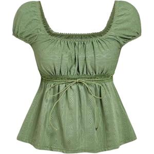 imageSOLY HUX Womens Square Neck Short Sleeve Peplum Tops Tie Front Summer Tee Shirt StreetwearPlain Army Green