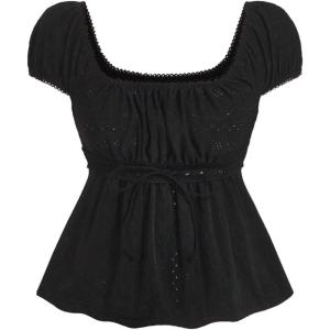 imageSOLY HUX Womens Square Neck Short Sleeve Peplum Tops Tie Front Summer Tee Shirt StreetwearPlain Black