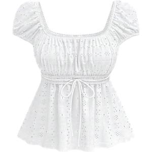 imageSOLY HUX Womens Square Neck Short Sleeve Peplum Tops Tie Front Summer Tee Shirt StreetwearPlain White
