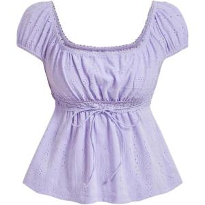 imageSOLY HUX Womens Square Neck Short Sleeve Peplum Tops Tie Front Summer Tee Shirt StreetwearSolid Light Purple