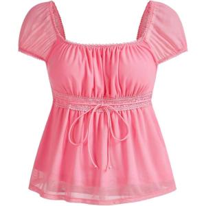 imageSOLY HUX Womens Square Neck Short Sleeve Peplum Tops Tie Front Summer Tee Shirt StreetwearSolid Pink