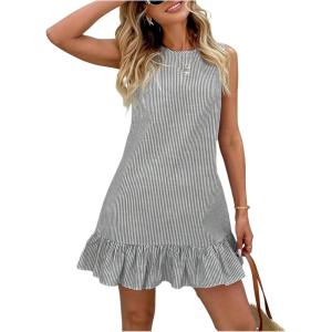 imageSOLY HUX Womens Striped Print Sleeveless Ruffle Tunic Dress Summer Swing Flowy Mini DressesBlack and White