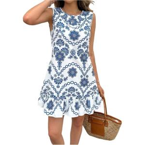imageSOLY HUX Womens Striped Print Sleeveless Ruffle Tunic Dress Summer Swing Flowy Mini DressesBlue White Floral