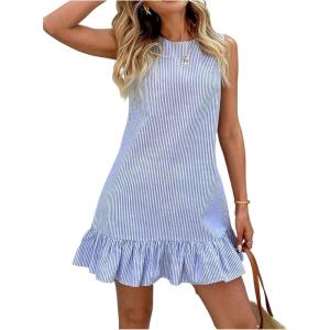 imageSOLY HUX Womens Striped Print Sleeveless Ruffle Tunic Dress Summer Swing Flowy Mini DressesBlue White Striped