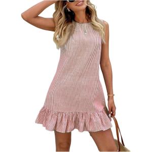 imageSOLY HUX Womens Striped Print Sleeveless Ruffle Tunic Dress Summer Swing Flowy Mini DressesRed and White