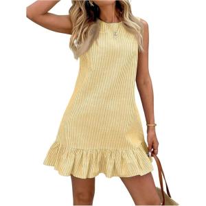 imageSOLY HUX Womens Striped Print Sleeveless Ruffle Tunic Dress Summer Swing Flowy Mini DressesYellow and White