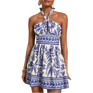 imageSOLY HUX Womens Sundress Tropical Print Halter Dress Tie Backless Sleeveless A Line Short Summer DressesBlue Leaf