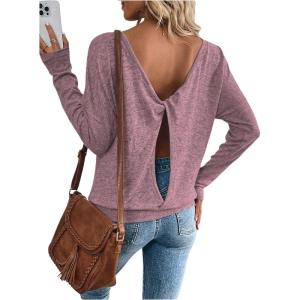 imageSOLY HUX Womens Twist Open Back Tops Cut Out Tee Backless Casual Long Sleeve Round Neck T ShirtPlain Pink