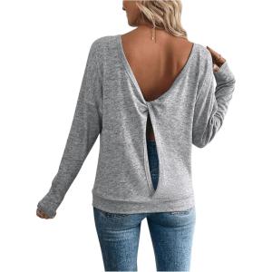 imageSOLY HUX Womens Twist Open Back Tops Cut Out Tee Backless Casual Long Sleeve Round Neck T ShirtPure Grey