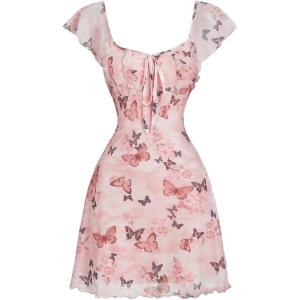 imageSOLY HUX Womens Vintage Floral Dress Summer Cap Sleeve Mini Dresses Going Out Beach Short DressPink Butterfly